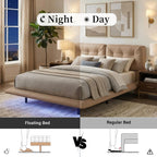 Queen Size PU Leather Floating Platform Bed | Button Tufted Segmented Headboard | Remote-Controlled LED Light Strip 6 Colors | 800 lbs | Hidden Leg Design | No Box Spring Needed | Pink / White / Khaki