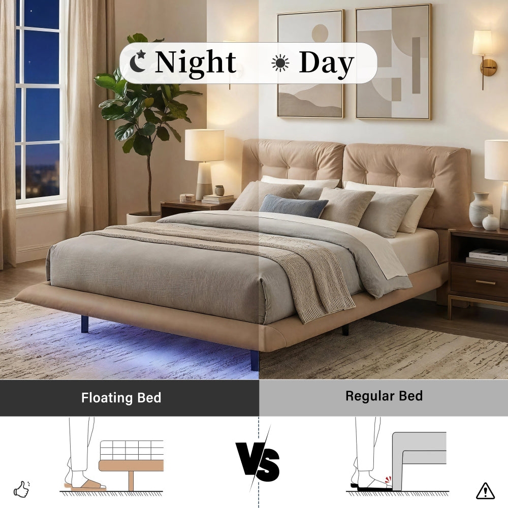 Queen Size PU Leather Floating Platform Bed | Button Tufted Segmented Headboard | Remote-Controlled LED Light Strip 6 Colors | 800 lbs | Hidden Leg Design | No Box Spring Needed | Pink / White / Khaki