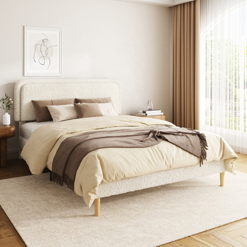 Full/Queen/King Size Teddy Bear Plush Platform Bed | 3-Level Adjustable Headboard | EVA Silent Slats | Heavy Duty Metal Frame | No Box Spring | Easy Assembly | Beige
