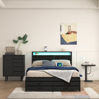 Twin/Full/Queen Size Metal Platform Bed with 4 Storage Drawers | Headboard Charging Station 2 Outlets & 2 USB | 16 RGB LED Lights 60000+ Colors | Heavy Duty Steel Slats | No Box Spring Needed | Black