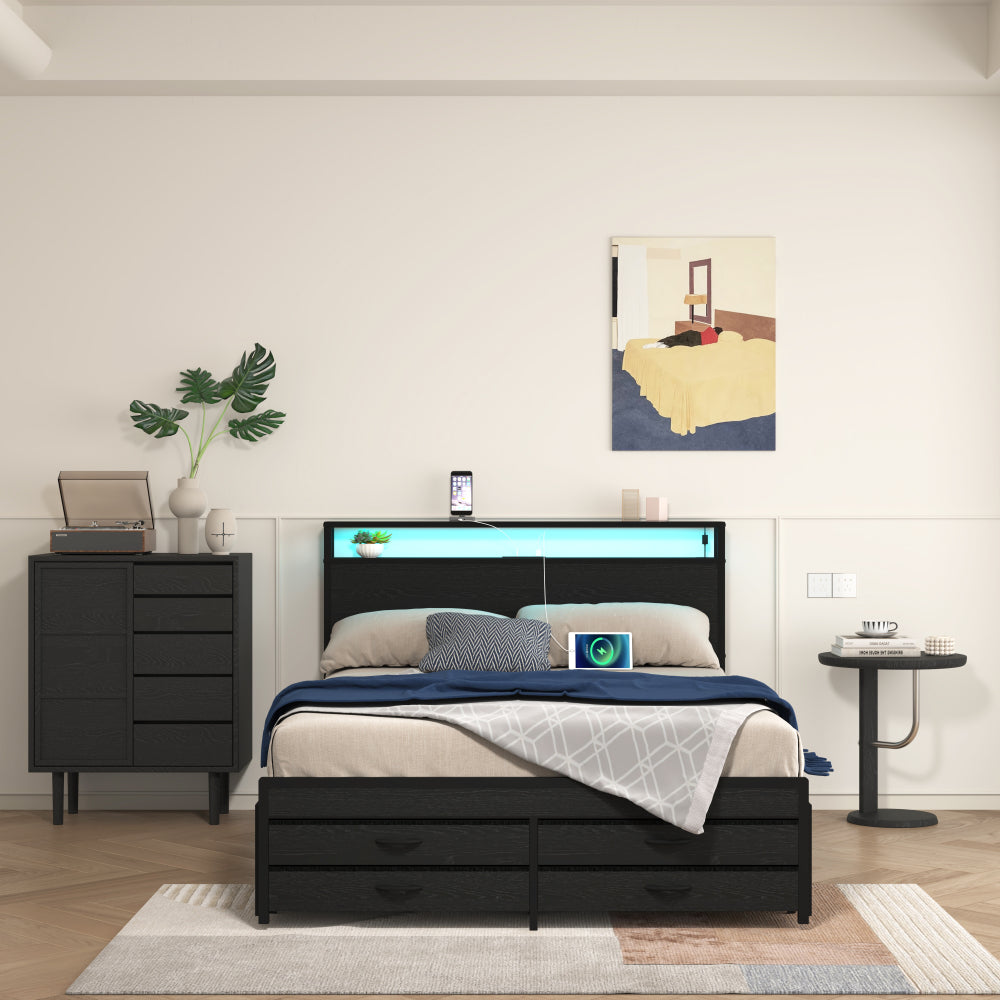 Twin/Full/Queen Size Metal Platform Bed with 4 Storage Drawers | Headboard Charging Station 2 Outlets & 2 USB | 16 RGB LED Lights 60000+ Colors | Heavy Duty Steel Slats | No Box Spring Needed | Black