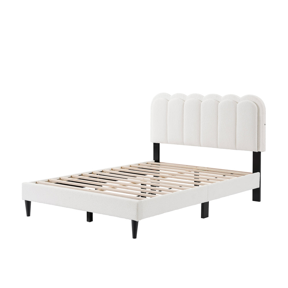 Full/Queen Size Boucle Platform Bed | Petal-Shaped Scalloped Headboard | Built-In Ambient Bedside Light | Rubberwood Legs | Silent Frame Design | No Box Spring Needed | White/Cream