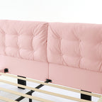 Queen Size PU Leather Floating Platform Bed | Button Tufted Segmented Headboard | Remote-Controlled LED Light Strip 6 Colors | 800 lbs | Hidden Leg Design | No Box Spring Needed | Pink / White / Khaki