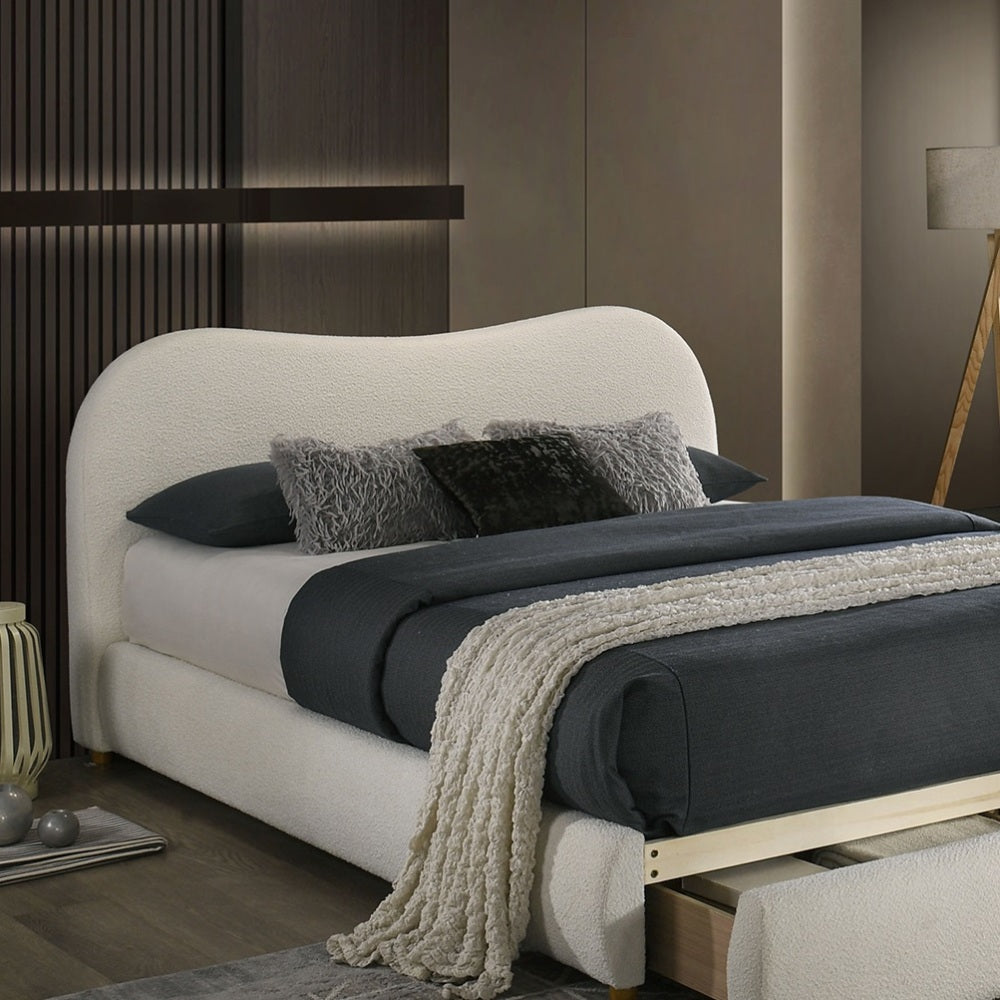 Queen Size Boucle Upholstered Platform Bed | Curved Cloud Headboard & Footboard Storage Drawer | Solid & Engineered Wood | Contemporary Style