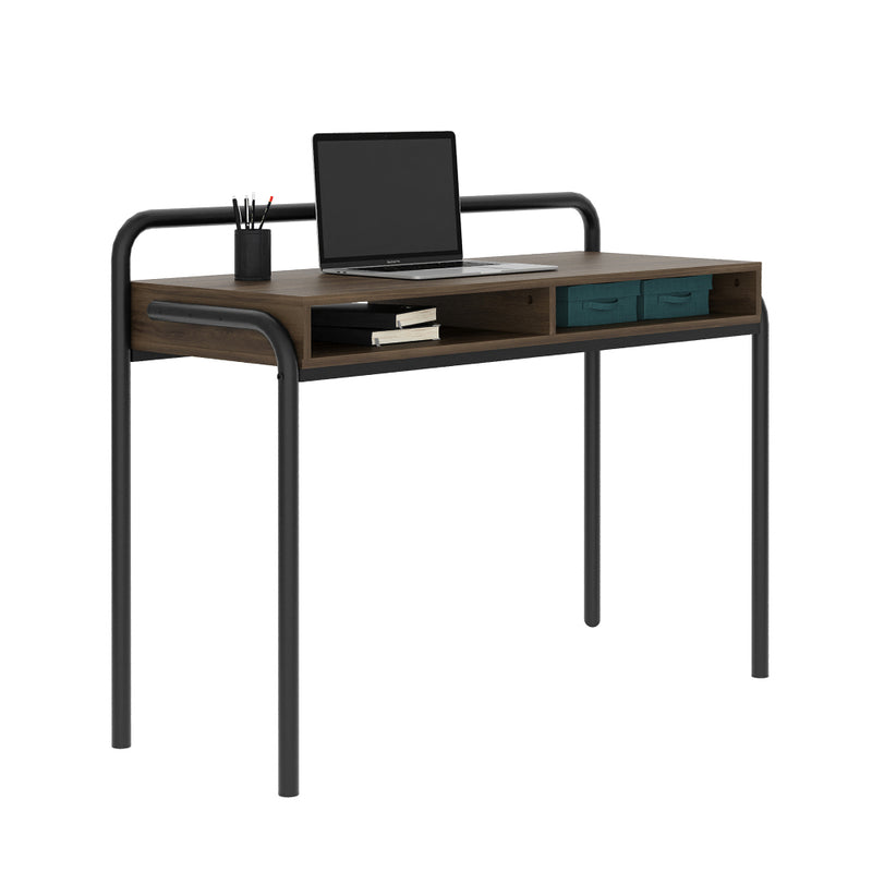 45.8" Modern Classic Writing Desk | Woodgrain Walnut MDF Top | Powder-Coated Steel Frame | 2 Under-Desk Open Shelves | Industrial Style | Part of Allure Collection | Home Office, Study Room | Walnut