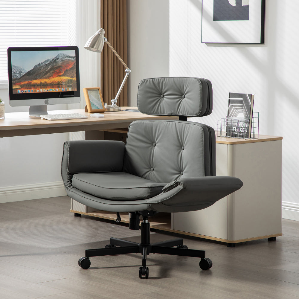 Criss Cross Wide-Seat Lounge Office Chair | 6-Gear Adjustable Armrests | Removable Headrest | Gentle Rocking + 360° Swivel | Pet-Friendly PU/Boucle Upholstery | Cross-Legged Sitting | Home Office, Gaming, Makeup, Conference | Gray/Ivory/Brown