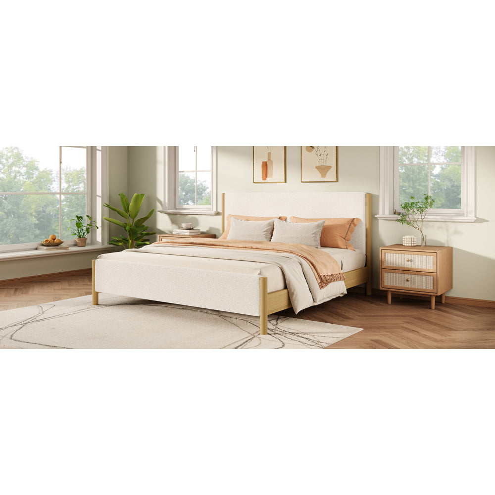Queen/King Size White Boucle Upholstered Platform Bed | Natural Rubberwood Legs | Sustainable Engineered Wood Frame | No Box Spring Needed | Scandinavian Modern Style | White