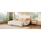 Queen/King Size White Boucle Upholstered Platform Bed | Natural Rubberwood Legs | Sustainable Engineered Wood Frame | No Box Spring Needed | Scandinavian Modern Style | White