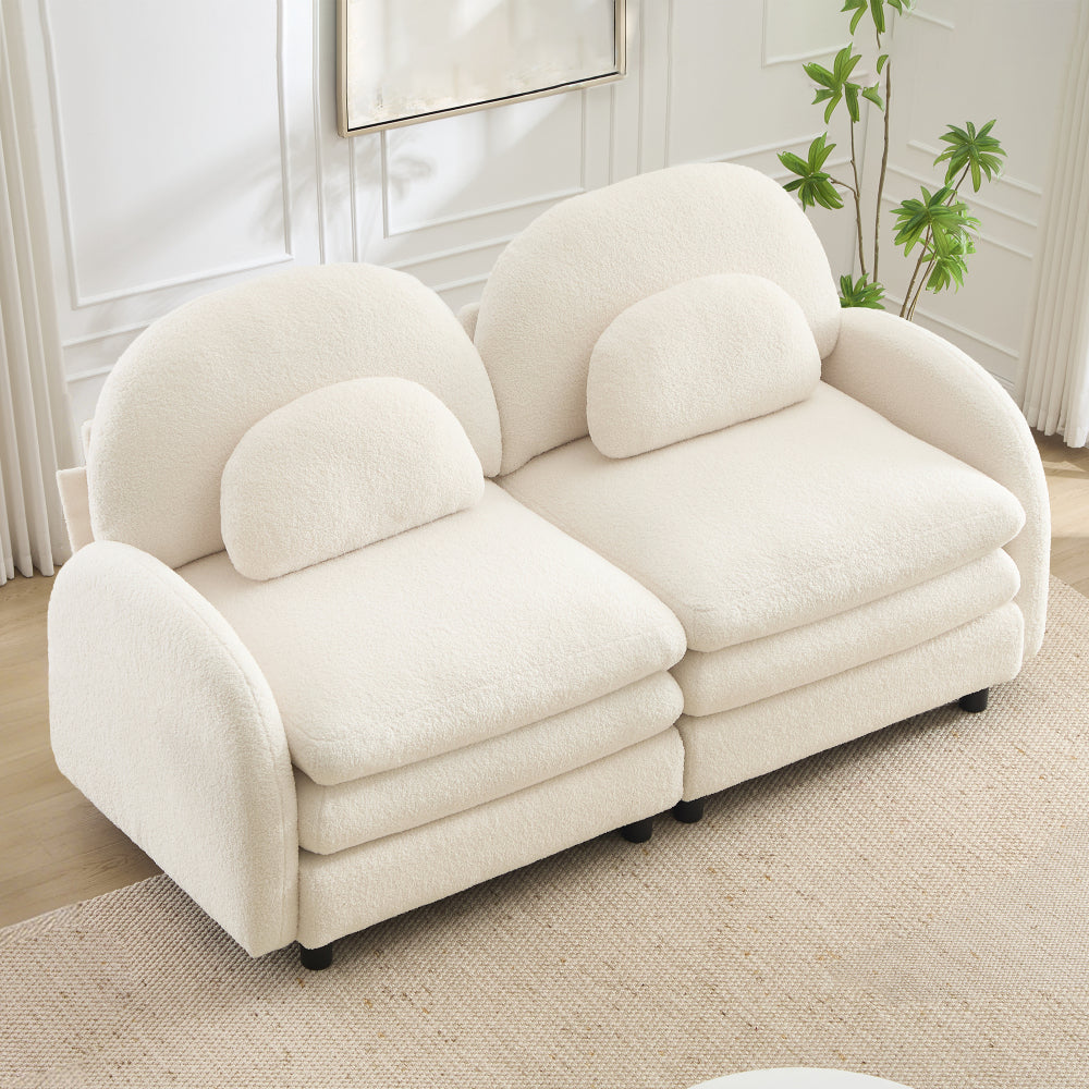 2-Seat Modular Teddy Fabric Cloud Sofa | Curved Backrest & Armrest | Double-Layer Cushion | Vintage Color Options | Precision Screw Connectors | Easy Assembly | Beige White / Green / Orange / Caramel
