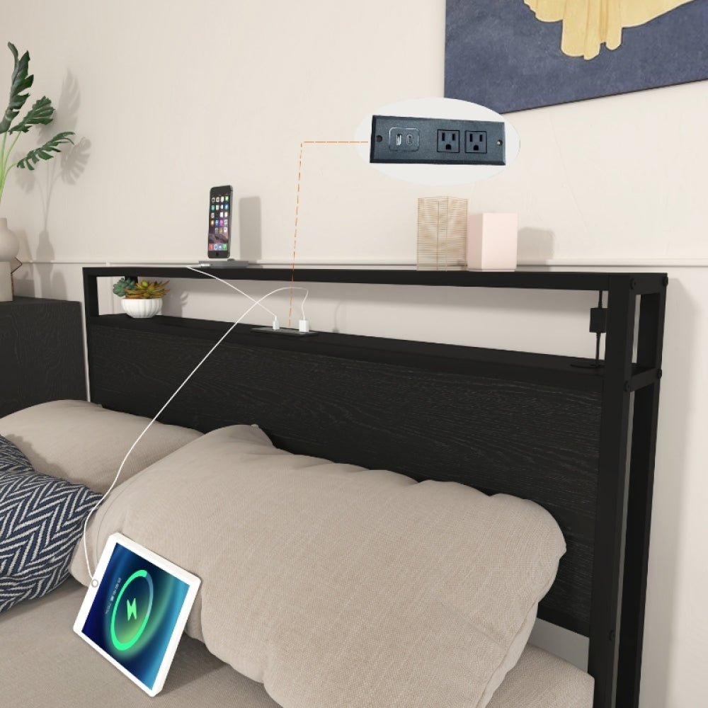 Twin/Full/Queen Size Metal Platform Bed with 4 Storage Drawers | Headboard Charging Station 2 Outlets & 2 USB | 16 RGB LED Lights 60000+ Colors | Heavy Duty Steel Slats | No Box Spring Needed | Black