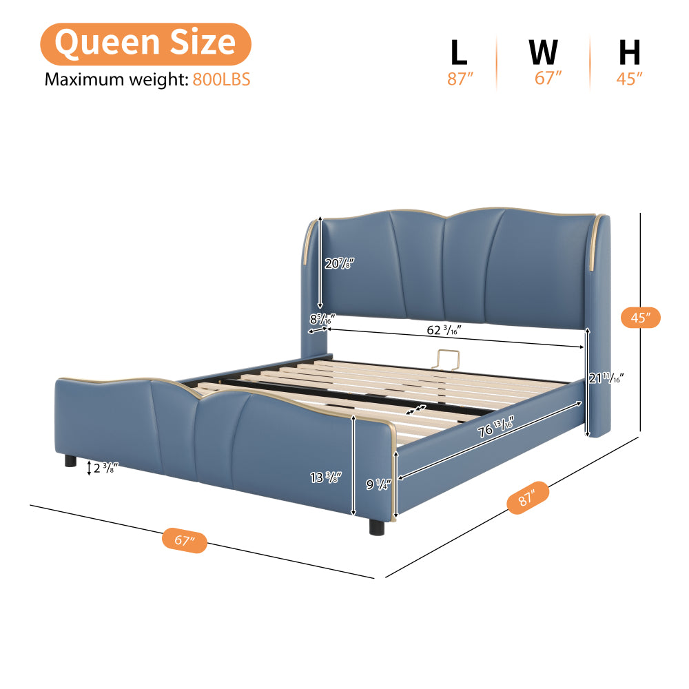 Queen Size PU Leather Wingback Platform Bed | Wave-Shaped Headboard & Footboard | 46.5" Tall Headboard | High-Resilience Sponge Fill | 800 lbs Wood Slats | No Box Spring Needed | Dark Green / Black / Antique Blue