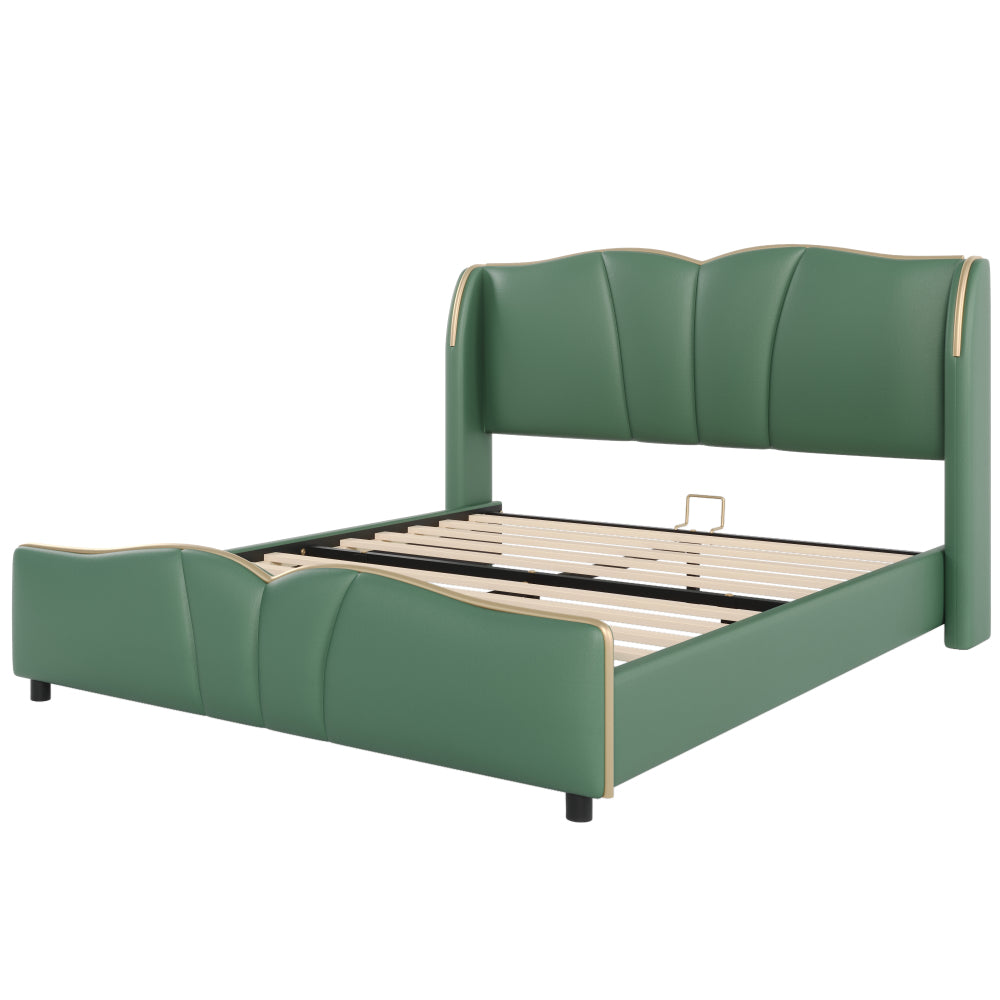 Queen Size PU Leather Wingback Platform Bed | Wave-Shaped Headboard & Footboard | 46.5" Tall Headboard | High-Resilience Sponge Fill | 800 lbs Wood Slats | No Box Spring Needed | Dark Green / Black / Antique Blue