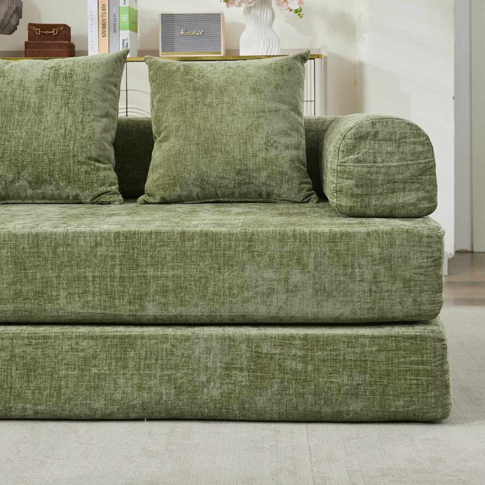 78.8" Convertible Folding Floor Sofa Bed | Chenille Couch with Foldable Armrests | Sponge + Spring Support | 3-Tiered Space-Saving Design | Free Pillows Included | Anti-Slip Base | No Assembly | Living Room, Bedroom, Studio | Green/Beige/Blue/Gray/Or