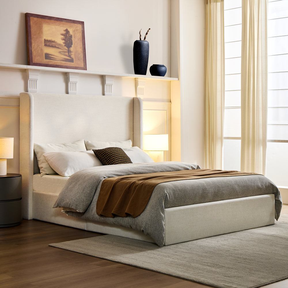 Full/Queen/King Size Upholstered Wingback Platform Bed | 51.5" Curved Headboard | Premium Canvas Fabric | 1000 lbs Heavy Duty | Eucalyptus & Metal Frame | No Box Spring | 30-Min Assembly | Ivory