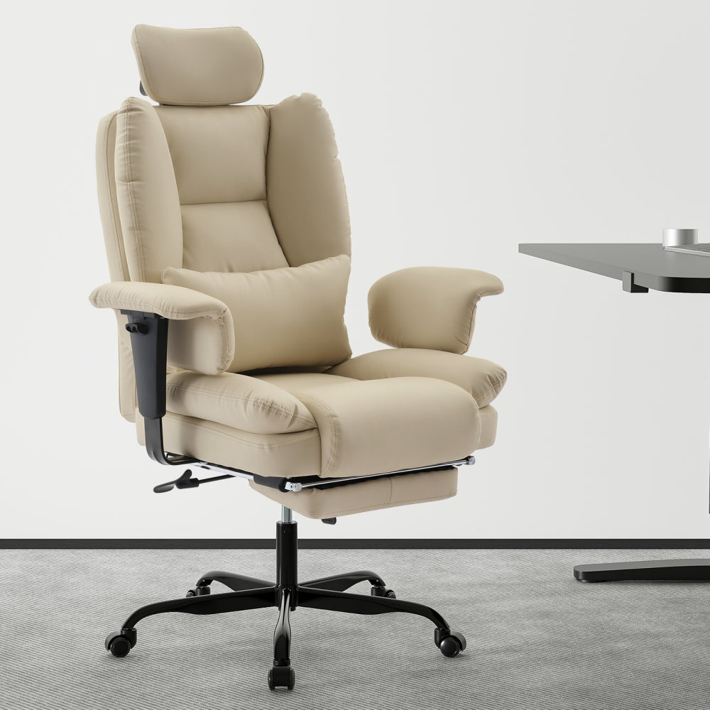 Ergonomic High-Back PU Leather Office Chair | 440 lbs Capacity | Liftable Headrest + Retractable Footrest | Double-Layer Spring Sponge + Memory Foam | Height-Adjustable Armrests | Lumbar Support | Computer, Executive Chair | Beige/Black