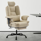 Ergonomic High-Back PU Leather Office Chair | 440 lbs Capacity | Liftable Headrest + Retractable Footrest | Double-Layer Spring Sponge + Memory Foam | Height-Adjustable Armrests | Lumbar Support | Computer, Executive Chair | Beige/Black