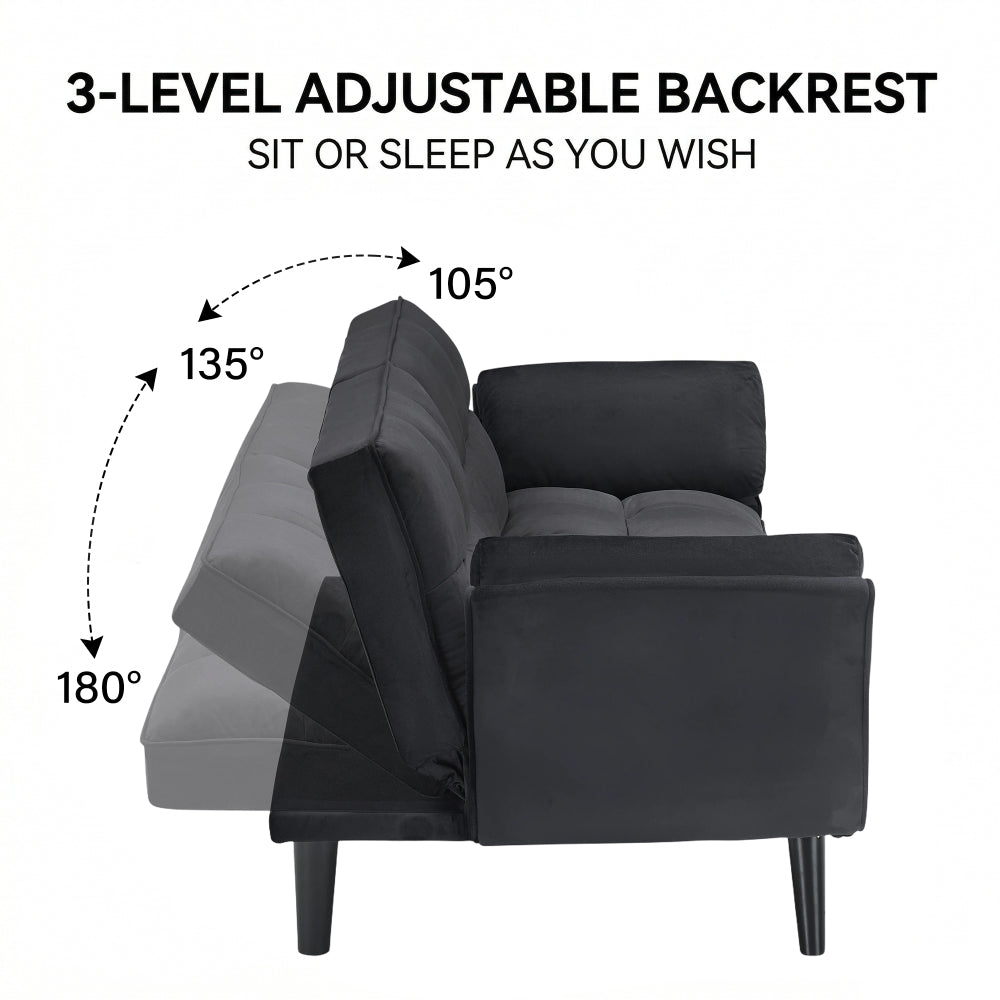 74" 2-Seat Convertible Sofa Bed | 3 Adjustable Backrest Positions | Tufted Polyester Blend | Adjustable to 180° Flat Bed | Easy Leg Assembly | Apartment Small Space | Black / Beige