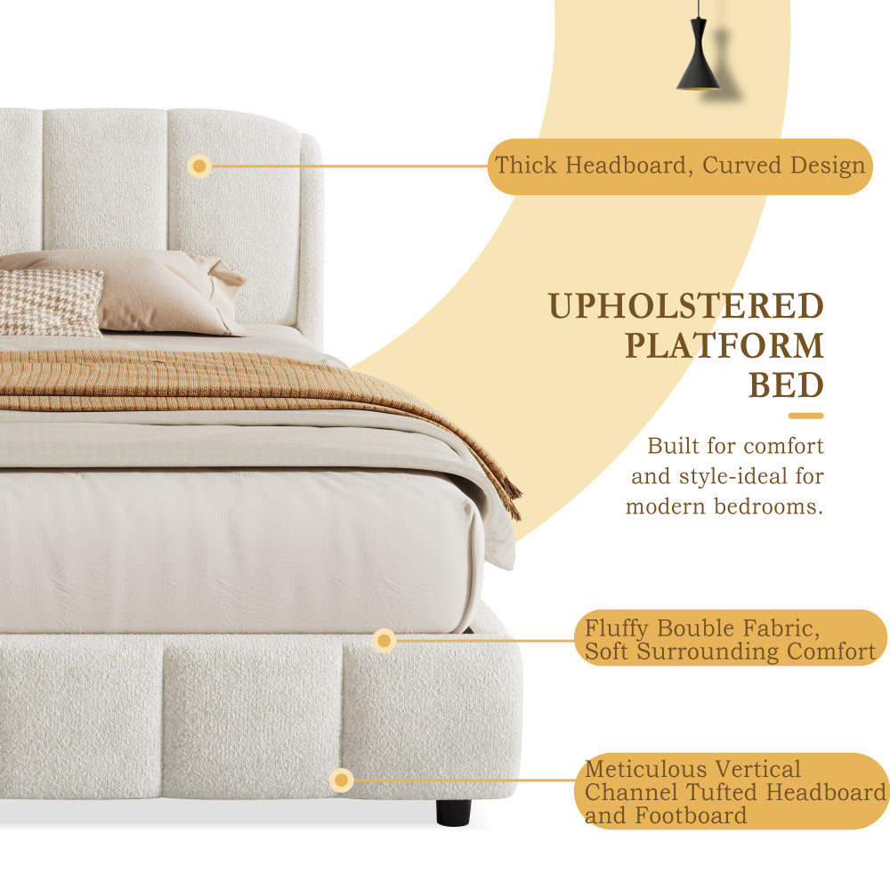 Queen/King Size Boucle Upholstered Platform Bed | Curved Rounded Headboard | Solid Plywood & Steel Frame | Plush Looped Yarn Fabric | No Box Spring Needed | 30-Min Easy Assembly | Beige