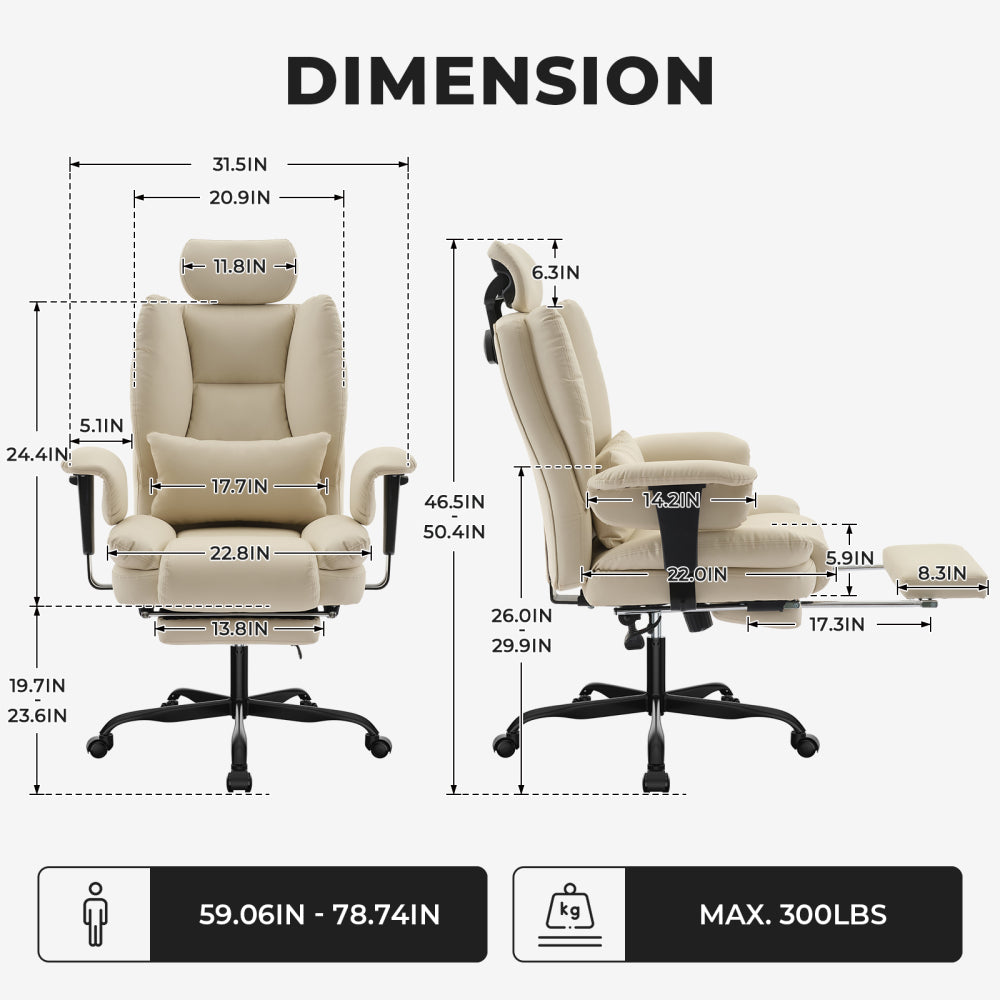 Ergonomic High-Back PU Leather Office Chair | 440 lbs Capacity | Liftable Headrest + Retractable Footrest | Double-Layer Spring Sponge + Memory Foam | Height-Adjustable Armrests | Lumbar Support | Computer, Executive Chair | Beige/Black