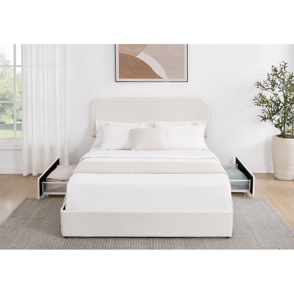 Queen Platform Storage Bed with 4 Built-In Drawers | Curved Tufted Boucle Headboard | Powder-Coated Metal Frame | 1000 lbs Capacity | Wooden Slats | Ivory
