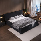 Queen/King Size Velvet Upholstered Platform Bed | Oversized Trapezoid Headboard | 1000 lbs | Pine Wood & Iron Frame | 24 Slats | No Box Spring | White/Black