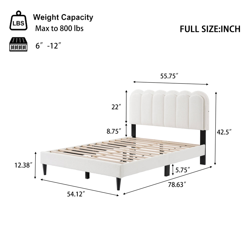 Full/Queen Size Boucle Platform Bed | Petal-Shaped Scalloped Headboard | Built-In Ambient Bedside Light | Rubberwood Legs | Silent Frame Design | No Box Spring Needed | White/Cream