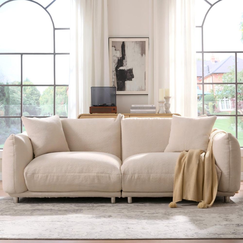 87.4" Sherpa Cloud 3-Seater Loveseat Sofa | Precision-Tailored Stitching | High-Density Foam Fill | Solid Hardwood Frame with Reinforced Joints | Stain-Resistant Velvet | 2 Pillows Included | White / Beige