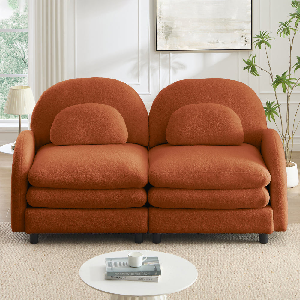 2-Seat Modular Teddy Fabric Cloud Sofa | Curved Backrest & Armrest | Double-Layer Cushion | Vintage Color Options | Precision Screw Connectors | Easy Assembly | Beige White / Green / Orange / Caramel