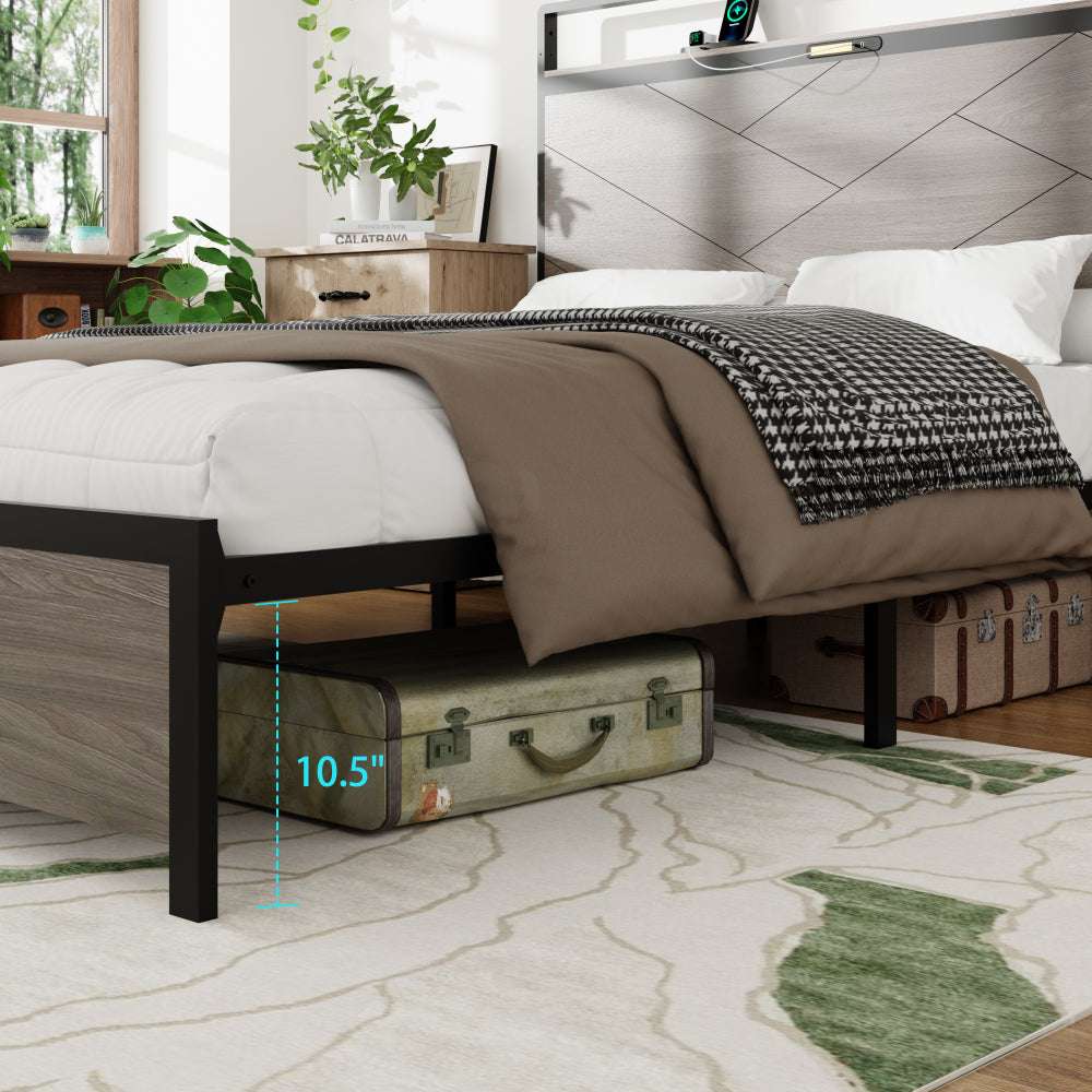 Full Size Wood & Metal Platform Bed | Storage Headboard with LED Touch Light & USB + Type-C Charging | Large Under-Bed Storage | Rust-Proof Steel | No Box Spring Needed | Antique Gray