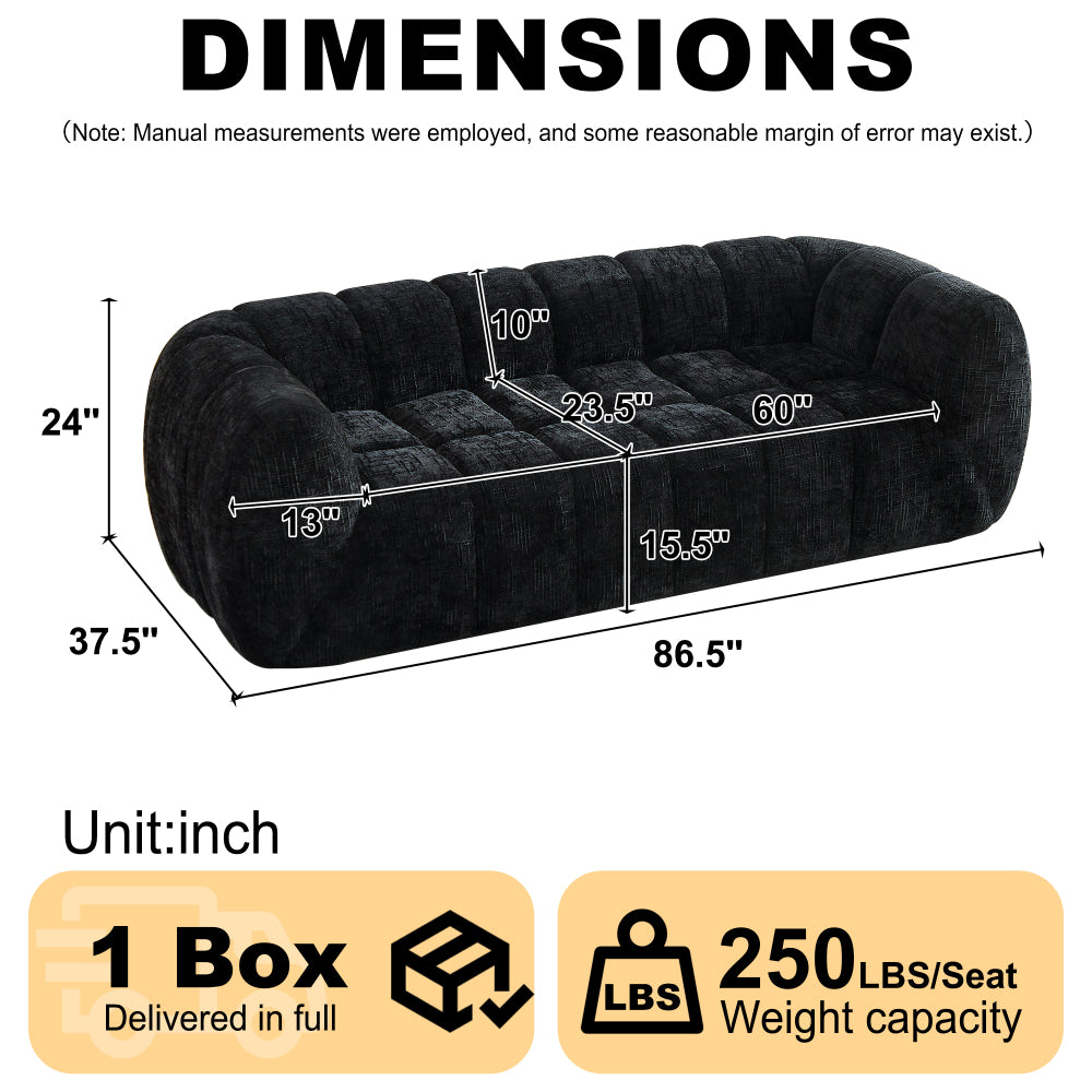 Modern Quilted Cloud Sofa | 3-Seat Chenille Pure Foam Couch | Piano-Key Backrest Design | Rounded Armrests | Deep-Seat Cushions | Living Room, Bedroom, Apartment | Beige/Black