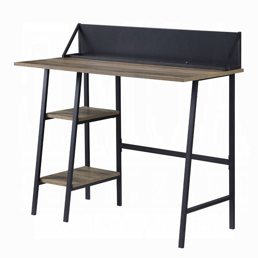 Rustic Oak and Black 2-Shelf Writing Desk with H-Shaped Base — 43" W x 20" D x 30" H | Industrial Modern Writing Desk | Two-Tier Storage Shelf | Smart Phone & Tablet Holder | Particle Board & MDF | Office | Oak