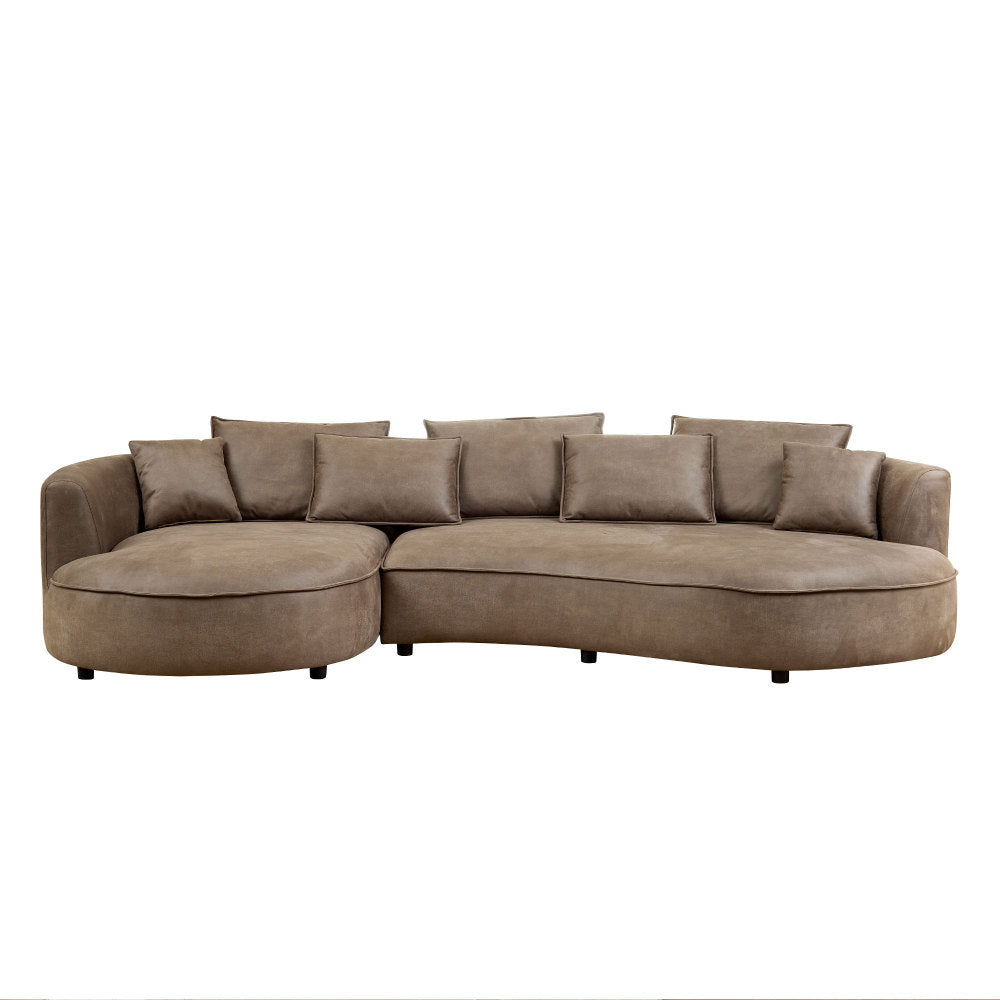 128.74" Modern Curved L-Shape Sectional Sofa | 5-Seat Leathaire Technology Cloth Couch | High-Density Foam + Elastic Spring | 5 Pillows Included | Easy Assembly | Living Room, Apartment, Office | Brown