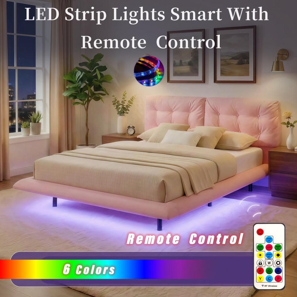 Queen Size PU Leather Floating Platform Bed | Button Tufted Segmented Headboard | Remote-Controlled LED Light Strip 6 Colors | 800 lbs | Hidden Leg Design | No Box Spring Needed | Pink / White / Khaki