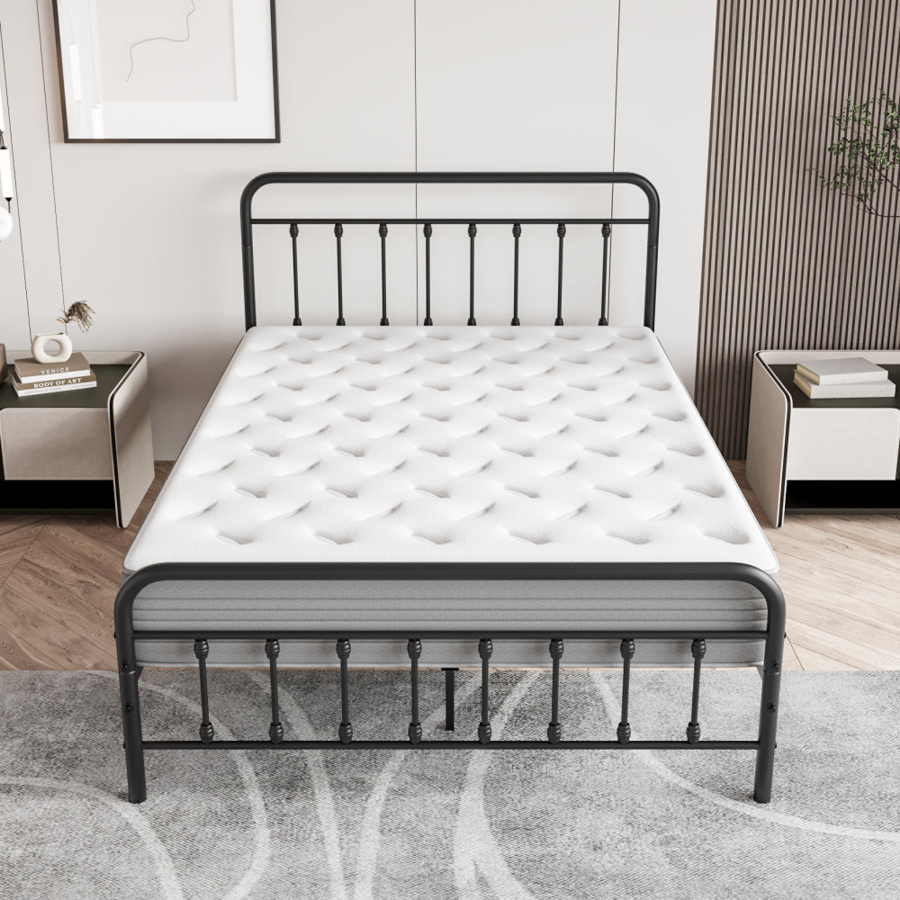 Twin/Full/Queen Size Victorian Metal Platform Bed Frame | Spindle Headboard & Footboard | 13 Slats + 9 Center Legs | 450 lbs | 10.6" Under-Bed Storage | No Box Spring Needed | Black