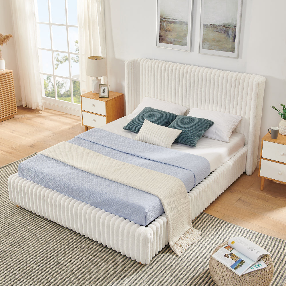 Queen/King Size Gas Lift Storage Bed | Vertical Striped Rabbit Fur Upholstered | Hydraulic Under-Bed Storage | 500 lbs | Eucalyptus Wood Frame | Silent Mechanism | Easy Assembly | Beige