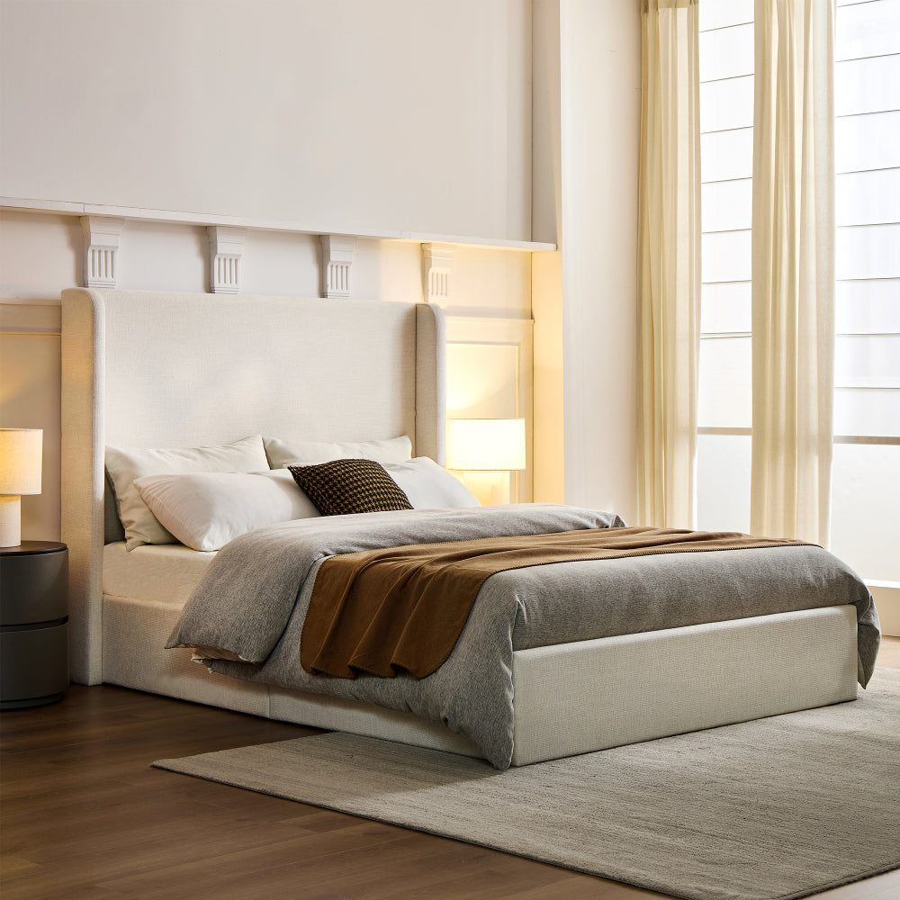 Full/Queen/King Size Upholstered Wingback Platform Bed | 51.5" Curved Headboard | Premium Canvas Fabric | 1000 lbs Heavy Duty | Eucalyptus & Metal Frame | No Box Spring | 30-Min Assembly | Ivory