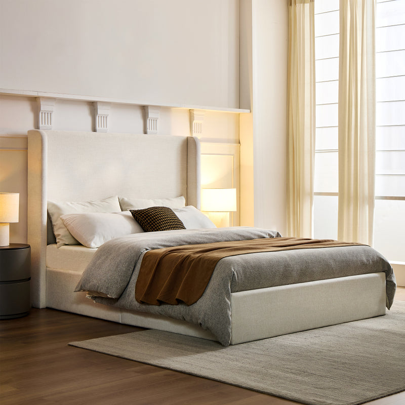 Full/Queen/King Size Upholstered Wingback Platform Bed | 51.5" Curved Headboard | Premium Canvas Fabric | 1000 lbs Heavy Duty | Eucalyptus & Metal Frame | No Box Spring | 30-Min Assembly | Ivory