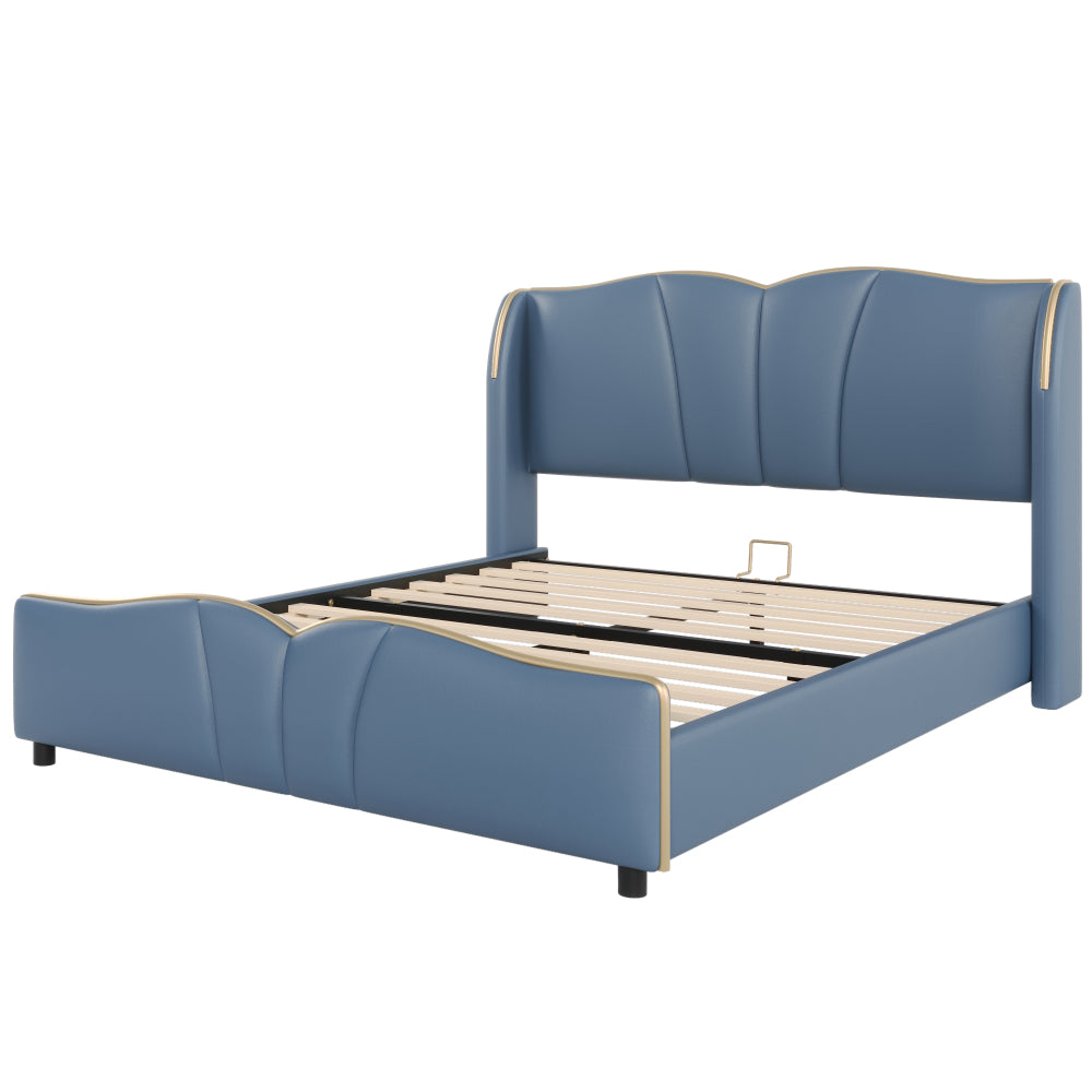 Queen Size PU Leather Wingback Platform Bed | Wave-Shaped Headboard & Footboard | 46.5" Tall Headboard | High-Resilience Sponge Fill | 800 lbs Wood Slats | No Box Spring Needed | Dark Green / Black / Antique Blue