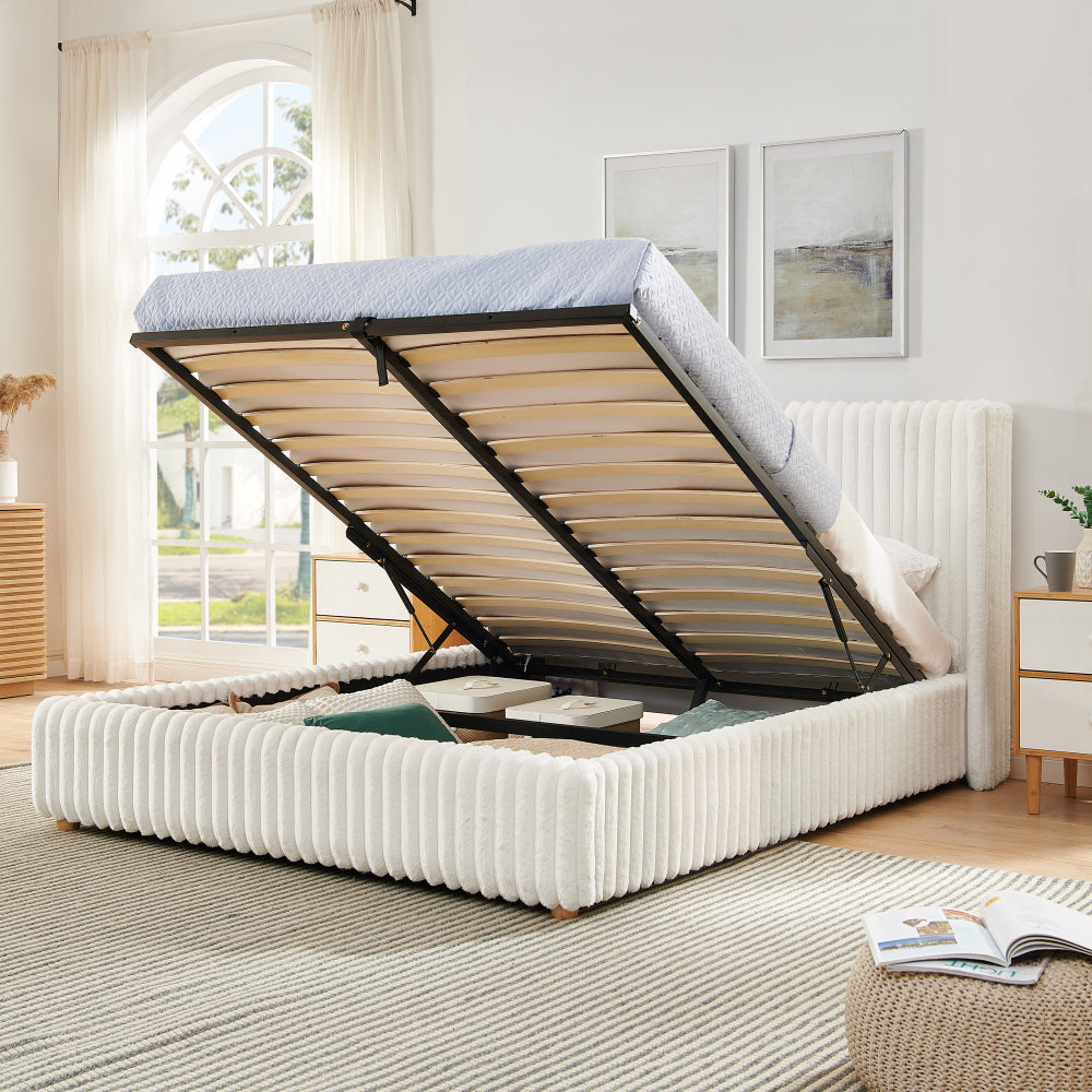 Queen/King Size Gas Lift Storage Bed | Vertical Striped Rabbit Fur Upholstered | Hydraulic Under-Bed Storage | 500 lbs | Eucalyptus Wood Frame | Silent Mechanism | Easy Assembly | Beige
