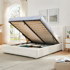 Queen/King Size Gas Lift Storage Bed | Vertical Striped Rabbit Fur Upholstered | Hydraulic Under-Bed Storage | 500 lbs | Eucalyptus Wood Frame | Silent Mechanism | Easy Assembly | Beige