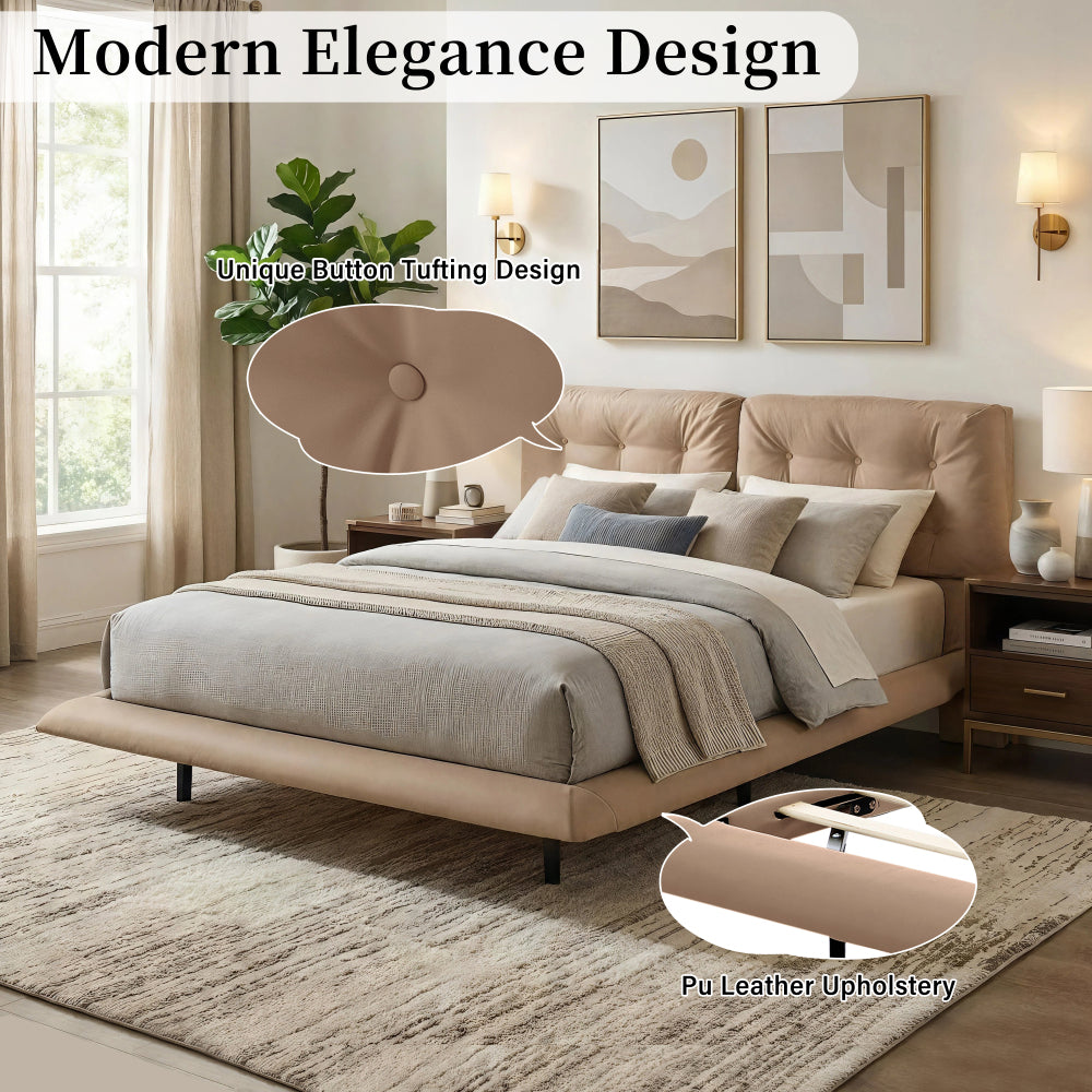 Queen Size PU Leather Floating Platform Bed | Button Tufted Segmented Headboard | Remote-Controlled LED Light Strip 6 Colors | 800 lbs | Hidden Leg Design | No Box Spring Needed | Pink / White / Khaki