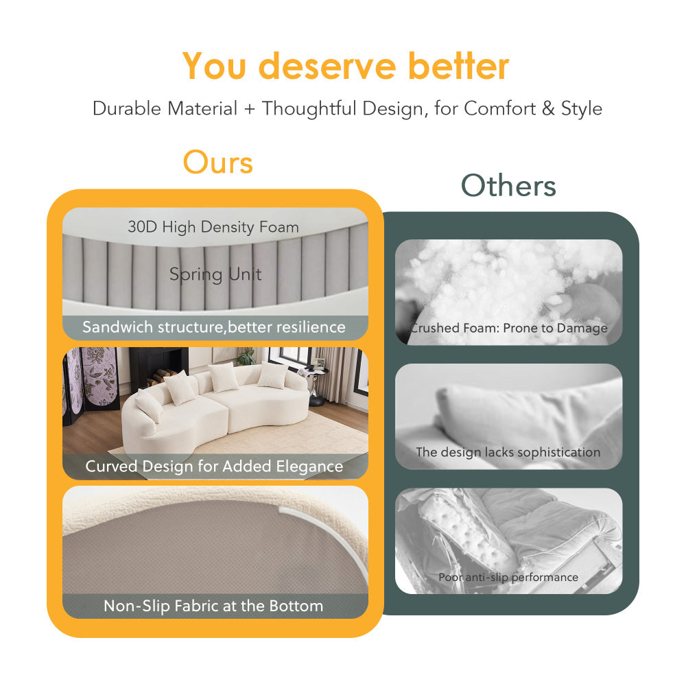 110" Curved Boneless Sectional Sofa 4-Seat | Chenille Upholstery | High-Density Foam & Spring | Flared Arms Pillow Back | No Assembly Required | Child & Pet Friendly | White/Gray/Beige/Green/Orange/Navy/Caramel/Black