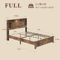 Full/Queen/King Size Wood Platform Bed | Bookcase Storage Headboard with LED Lights & Charging Station USB + Outlets | Black Metal Legs | No Box Spring Needed | Antique Dark Brown