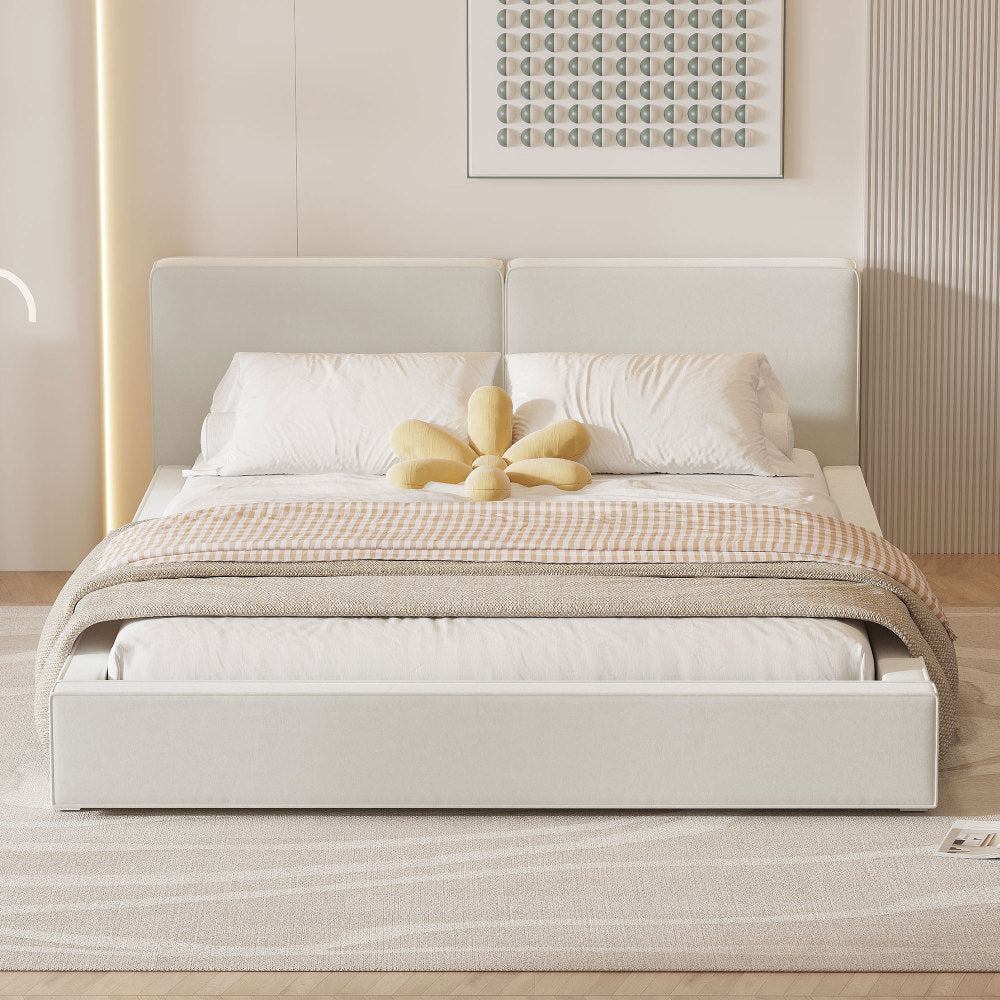 Queen Size Velvet Upholstered Platform Bed | Fully Wrapped Low Profile Frame | Solid MDF & Particle Board | No Box Spring Needed | Easy Assembly | Gray / Beige