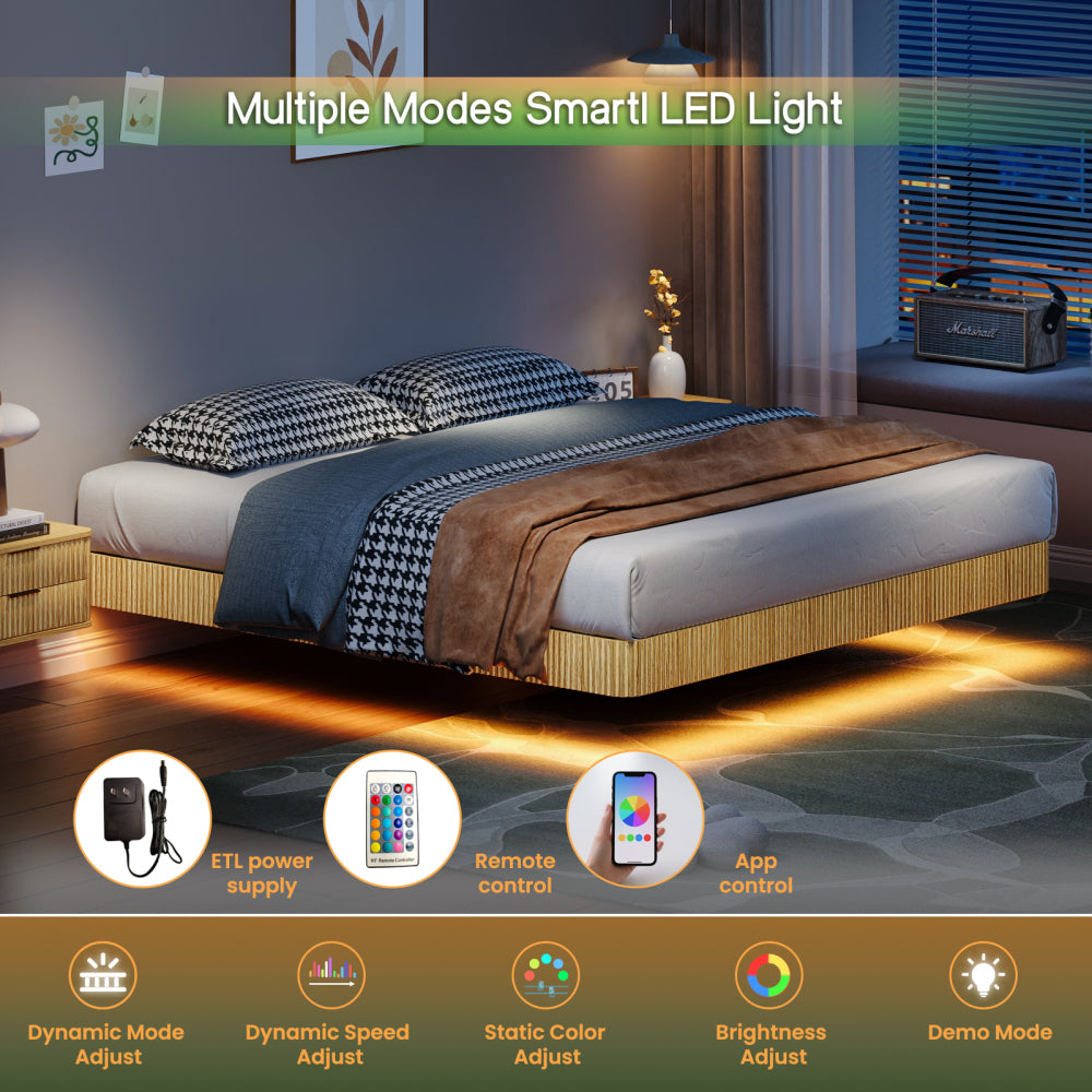 Oak King Floating Bed Frame with LED Lights, Wave Curve Wood Texture Bed with Heavy Duty Metal Slats - No Box Spring Needed.