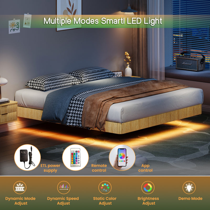 Oak King Floating Bed Frame with LED Lights, Wave Curve Wood Texture Bed with Heavy Duty Metal Slats - No Box Spring Needed.