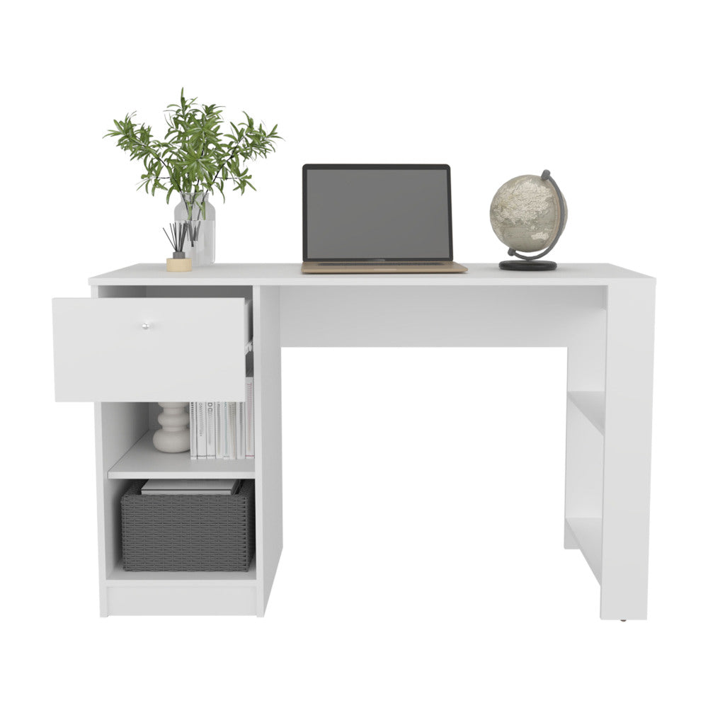 47" Modern Writing Desk with 1 Drawer + 4 Side Shelves | Generous Leg Clearance | Clean Minimalist Design | Sturdy Particle Board | Home Office, Living Room, Gaming Room | White/Black
