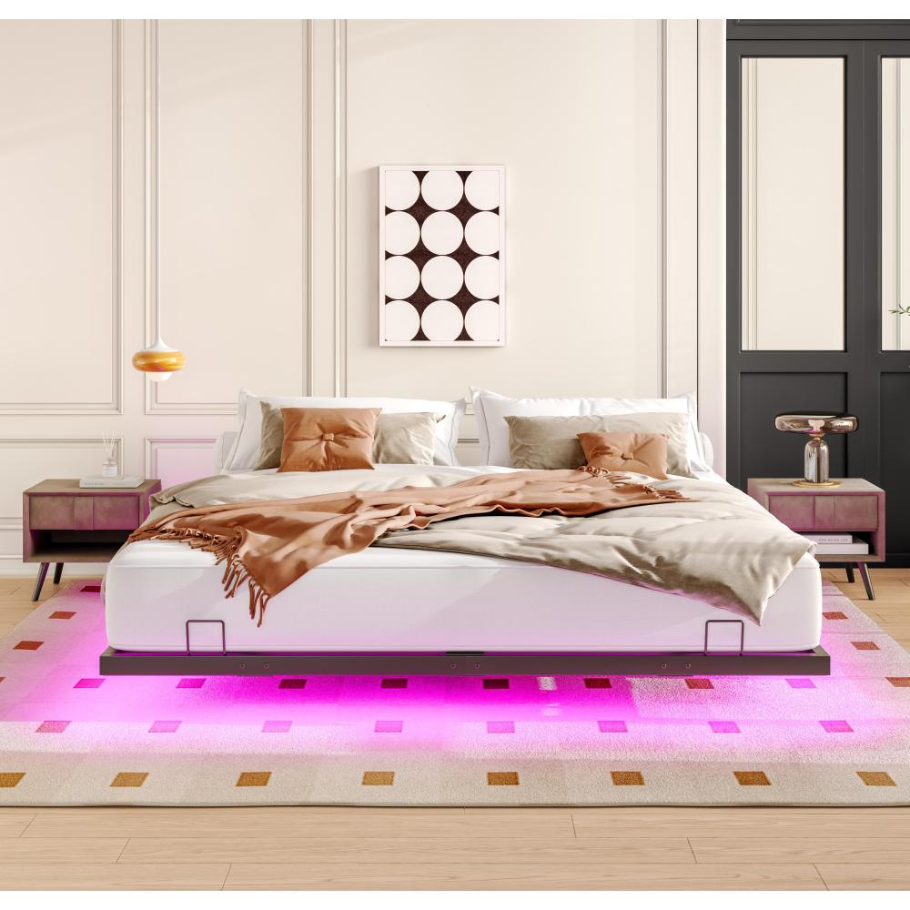 Queen/King Size Floating Metal Platform Bed | Hidden LED Underglow App & Remote Control | 10 Slats + 4 Cross Frames + 6 Steel Legs | 1000 lbs | No Box Spring Needed | Black