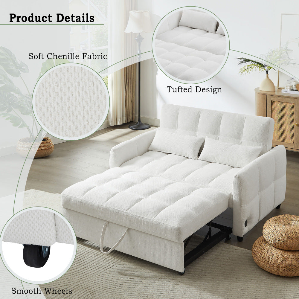 52.8" Loveseat Pull-Out Sleeper Sofa Bed | 2-Seat Tufted Chenille Couch | Adjustable Backrest 90°/135°/180° | 3 Built-In USB Ports | High-Density Foam | 2 Lumbar Pillows | Sturdy Multi-Wood Frame | Beige/Gray/Blue/Green