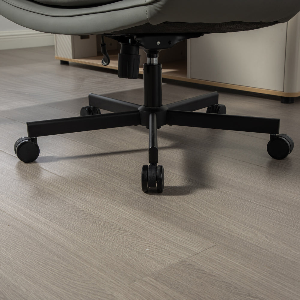 Criss Cross Wide-Seat Lounge Office Chair | 6-Gear Adjustable Armrests | Removable Headrest | Gentle Rocking + 360° Swivel | Pet-Friendly PU/Boucle Upholstery | Cross-Legged Sitting | Home Office, Gaming, Makeup, Conference | Gray/Ivory/Brown